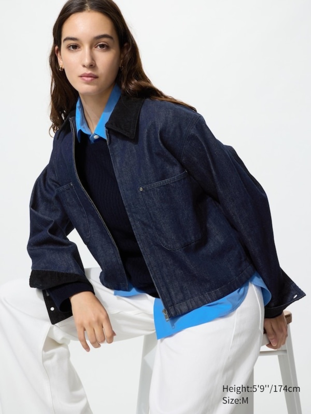 Uniqlo Dark Indigo Denim Jacket with Black Corduroy Collar